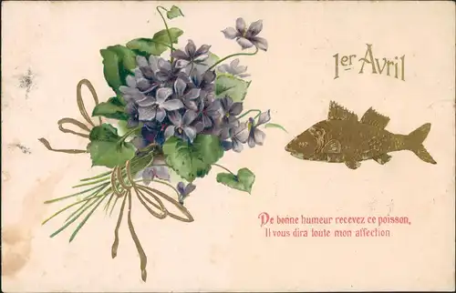 Ansichtskarte  1. April Scherzkarte Fisch & Blumen Motiv 1908 Goldrand