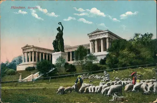 Ansichtskarte Ludwigsvorstadt-München Bavaria mit Ruhmeshalle Schafherde 1913