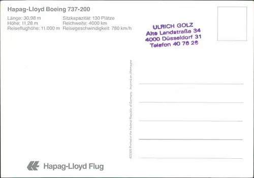 Ansichtskarte  Hapag-Lloyd Boeing 737-200 Flugwesen - Flugzeuge 1994