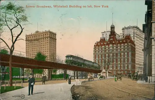 Postcard New York City Hochbahn, Lower Broadway Whitehall Building 1910