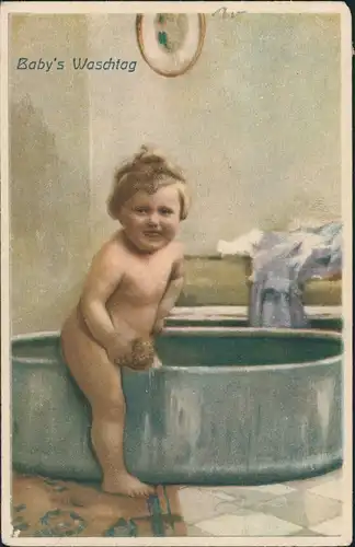 Ansichtskarte  Baby Waschtag Kind Kleinkind Badewanne Künstlerkarte 1920