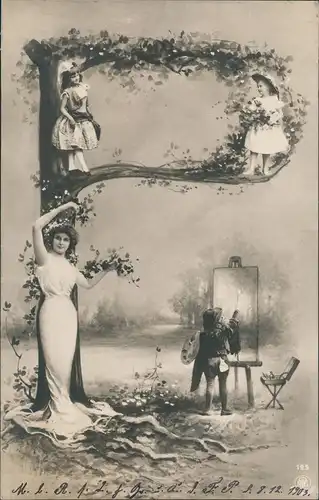 Ansichtskarte  Fotokunst Fotomontage Maler mit Kinder auf Baum 1903