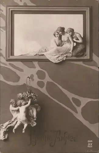 Glückwunsch Neujahr Sylvester BONNE ANNEE Künstler-Darstellung 1919