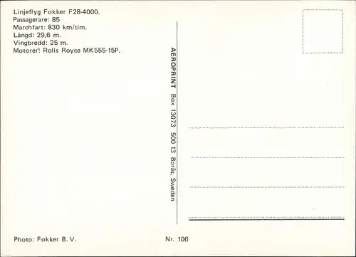 Ansichtskarte  Linjeflyg Fokker F28-4000. Flugwesen - Flugzeuge 1978