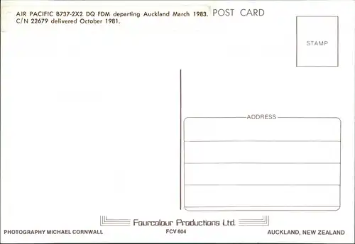 AIR PACIFIC B737-2X2 DQ FDM departing Auckland March 1983. POST CARD 1981