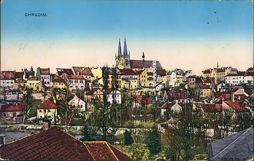 Postcard Chrudim Crudim Panorama  Gesamtansicht 1918 Zensurstempel "Überprüft"