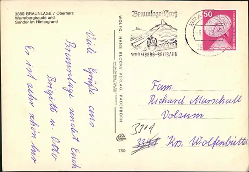 Ansichtskarte Braunlage Wurmbergbaude und Sendeturm 1979
