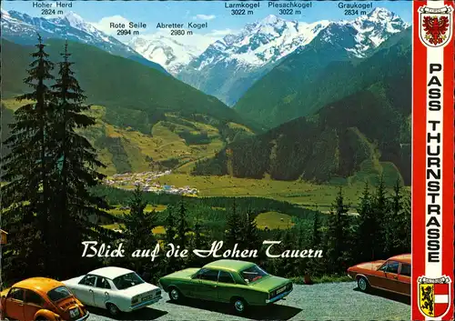 Ansichtskarte Mittersill VW Käfer Opel Ford Autos am Pass Thurnstrasse 1980