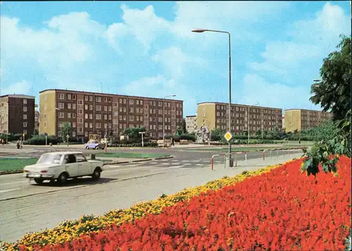 Südstadt-Rostock Stadtteilansicht Südstadt Wohnblock Auto Blumenbeet 1978