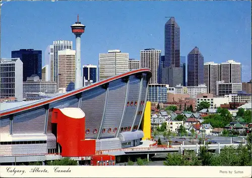 Postcard Calgary Panorama mit Saddledome Stadion und Funkturm 1990
