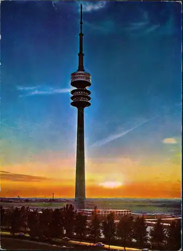 Ansichtskarte Milbertshofen-München Olympiaturm Sonnenuntergang 1988