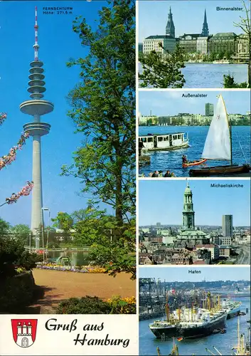 St. Pauli-Hamburg Fernsehturm, Hafen mit Dampfer, Michaeliskirche, Binnen-Außenalster 1990