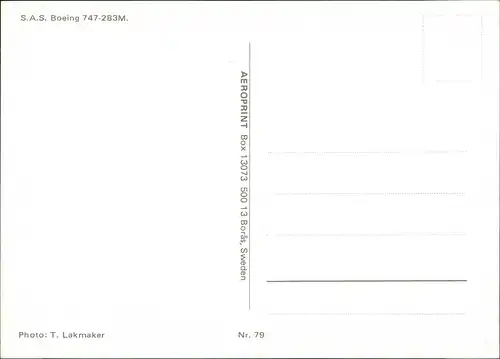 Ansichtskarte  S.A.S. Boeing 747-283M. Flugwesen - Flugzeuge 1985