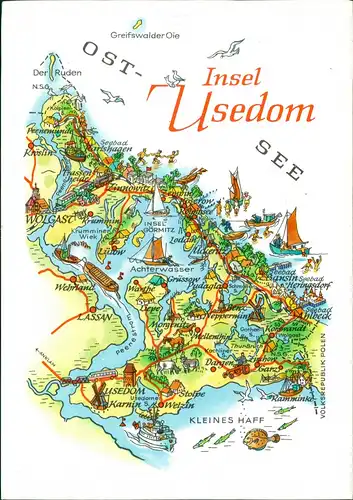 .Mecklenburg-Vorpommern Insel Usedom Landkarte Zeichnung A. Hoppe (Leipzig) 1985
