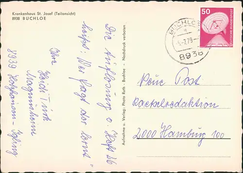 Ansichtskarte Buchloe Krankenhaus St. Josef 1979   gelaufen mit Stempel Buchloe