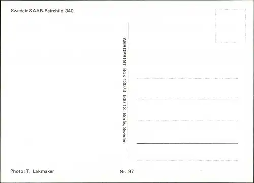 Ansichtskarte  Swedair SAAB-Fairchild 340. Flugwesen - Flugzeuge 1981