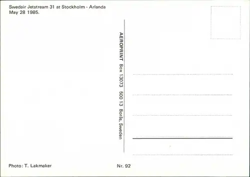 Ansichtskarte  Flugzeug Swedair Jetstream 31 at Stockholm - Arlanda 1982