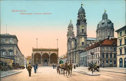 Ansichtskarte München Feldherrnhalle - Straße, Kutschen Autos 1912