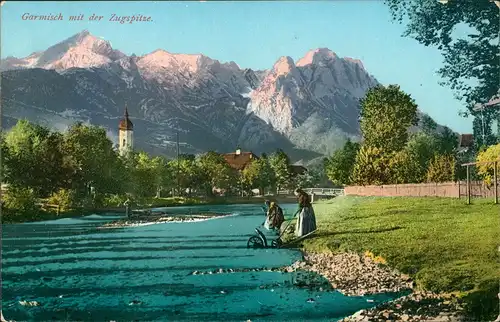 Ansichtskarte Garmisch-Partenkirchen Stadtpartie Frauen am Fluss 1913