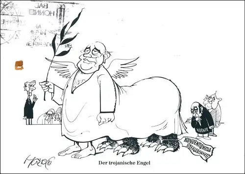 Ansichtskarte  Walter Hanel Karikaturist Karikatur Der trojanische Engel 2000
