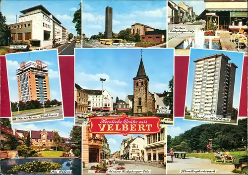 Velbert Mehrbild-AK ua. Wasserturm-Hochhaus, Fußgänger-City Straßen uvm. 1975