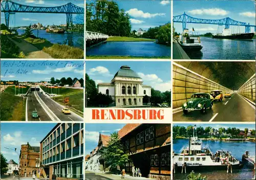 Rendsburg Mehrbild-AK ua. VW Käfer im Tunnel, Hochbrücke, Fähre uvm. 1968