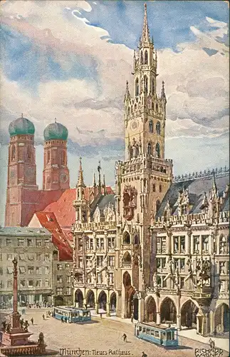 München Künstlerkarte Richard Wagner, Rathaus, Frauenkirche, Tram 1911