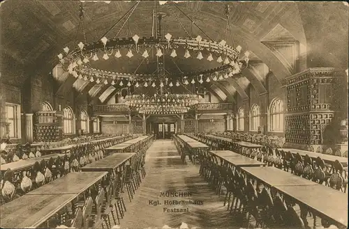 München Hofbräuhaus Festsaal Innenansicht großer Kronleuchter 1910