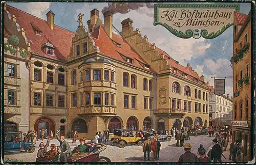 Ansichtskarte München Hofbräuhaus Auto Verkehr Strassen Partie belebt 1928