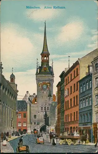 Ansichtskarte München Altes Rathaus - Geschäfte Kutschen 1915