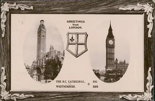Postcard London THe R.C. Cathedral Westminster & Big Ben 1921