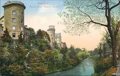 Ansichtskarte Augsburg Partie mit Häusern beim Untern Graben mit Fluss 1913
