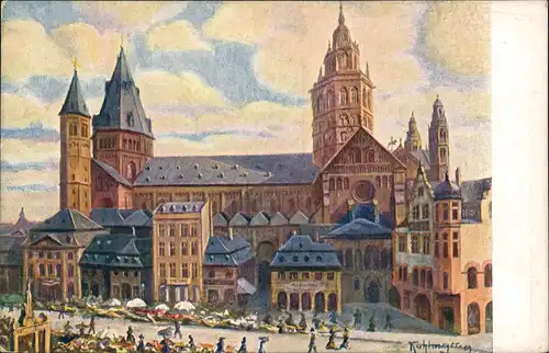 Ansichtskarte Mainz Künstlerkarte Dom Markt Partie 1910
