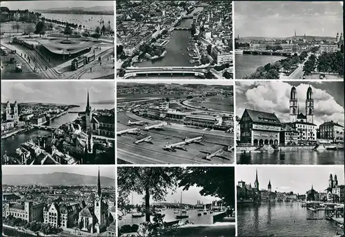 Ansichtskarte Zürich Mehrbild-AK 9 Ansichten ua. Flughafen uvm. 1956