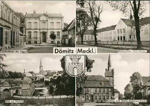 Dömitz DDR Mehrbild-AK mit Klubhaus, Mittel-Schule, Festung, Rathaus 1964