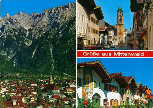 Mittenwald Mehrbild-AK Panorama, Häuser, Strasse Obermarkt 1980