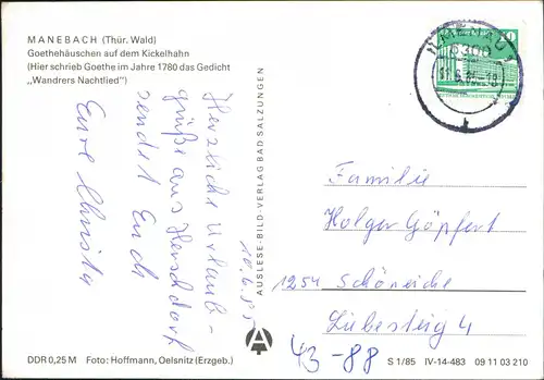 Manebach-Ilmenau Goethehäuschen auf dem Kickelhahn DDR Postkarte 1985