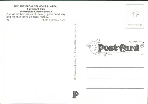 Postcard Philadelphia SKYLINE FROM BELMONT PLATEAU Fairmount Park 1990