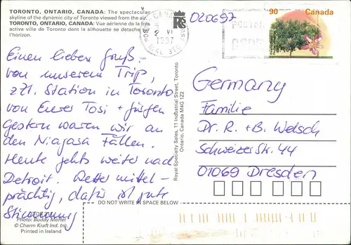 Postcard Toronto Totale Skyline CN Tower 1997