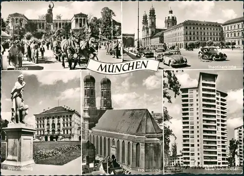Ansichtskarte München MB VW Käfer Kutschen Bavaria Neubauten 1959