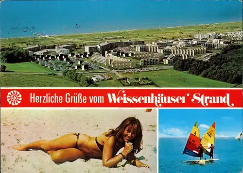 Weißenhäuser Strand-Wangels Grusskarte mit Luftaufnahme, "Badenixe"   1980