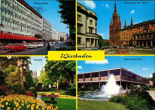 Wiesbaden Mehrbild-AK Wilhelmstr. Marktkirche Rhein-Main-Halle Kurpark 1970