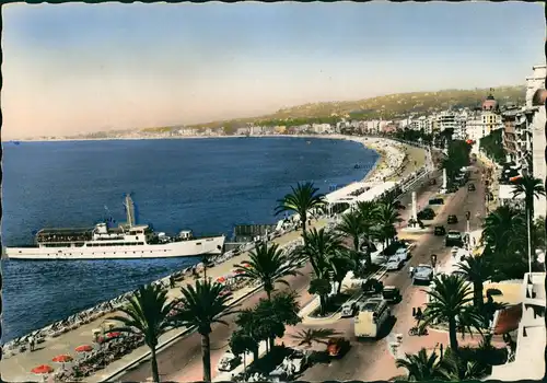 Nizza Nice Panorama-Ansicht mit Schiff, Ship, Anlegestelle Mittelmeer 1955
