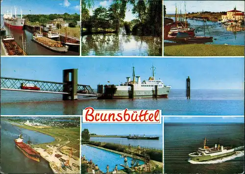 Brunsbüttel Brunsbüttelkoog Mehrbild-AK mit 7 Fotos ua. Schiffe, Kanal 1976