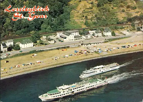 Sankt Goar Luftaufnahme Rhein Schiffe a.d. Loreley Schiffsfoto-AK 1977