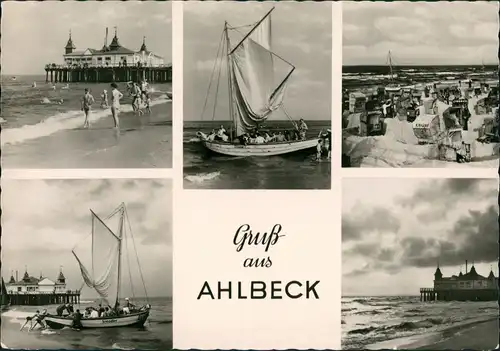 Ansichtskarte Ahlbeck (Usedom) Strand, Seebrücke, Segelboote 1958