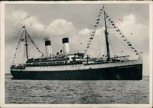 2-Schrauben-Motorschiff MONTE SARMIENTO, Dampfer Schnelldampfer 1937   rückseitig noch teilweise leserlicher KdF-Stempel des Schiffes