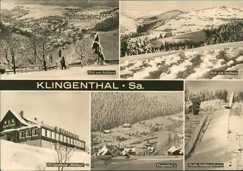 Klingenthal DDR Mehrbild-AK mit Sporthotel Waldgut, Ski-Sprungschanze 1970