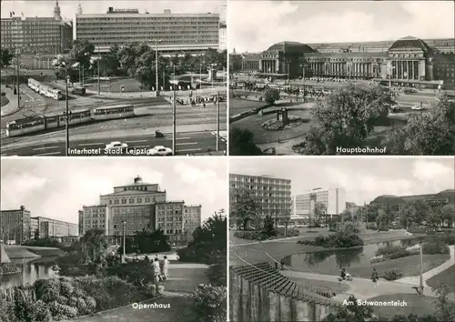 Leipzig DDR Mehrbild-AK Interhotel, Haupt-Bahnhof, Opernhaus,  1973