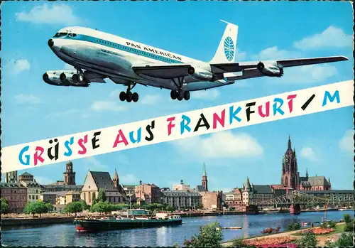 Ansichtskarte Frankfurt am Main Fluzeug Pan AM über der Stadt 1966